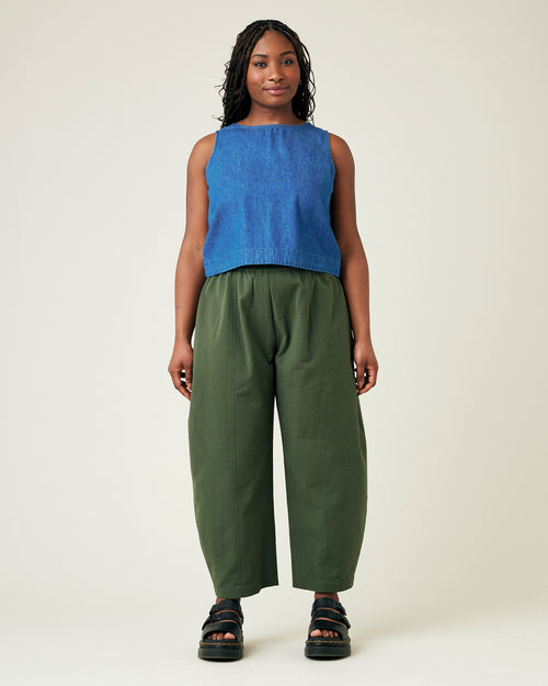 model wears khaki seersucker mabel trousers