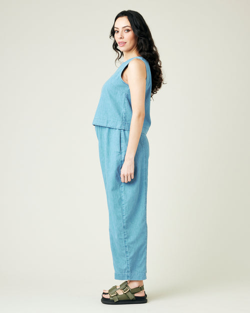 pregnant model wears light wash chambray mabel trousers