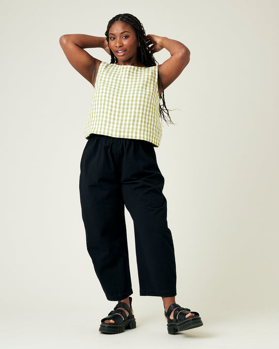 model wears black seersucker mabel trousers