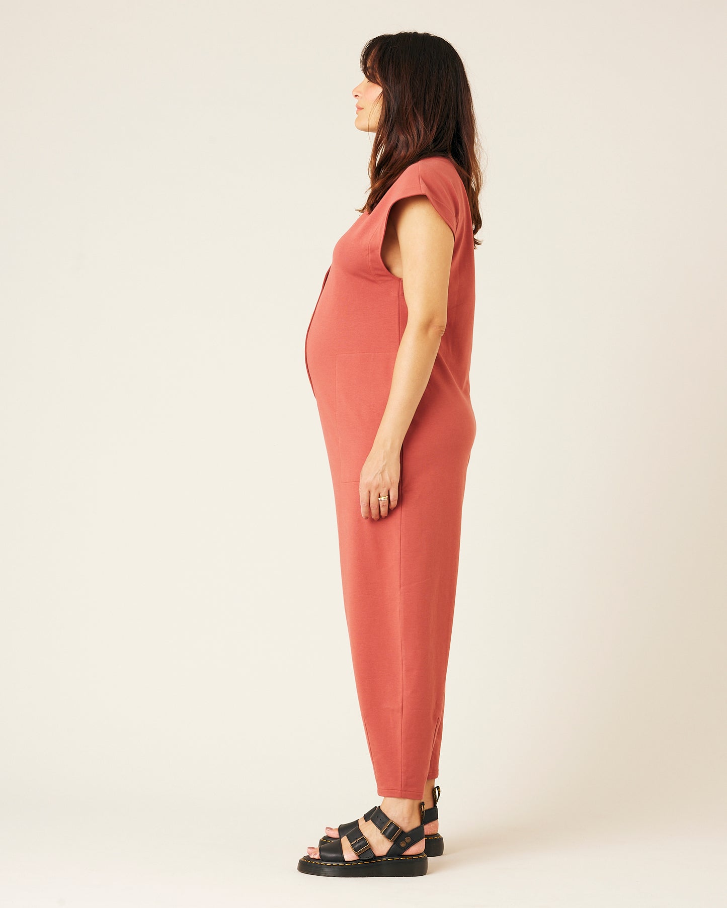 pregnant model wears brick jersey frankie jumpsuit