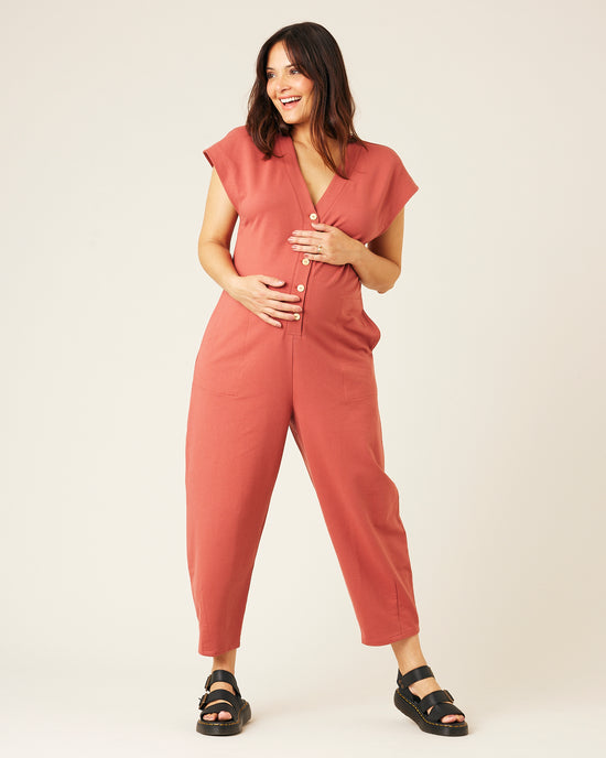 pregnant model wears brick jersey frankie jumpsuit