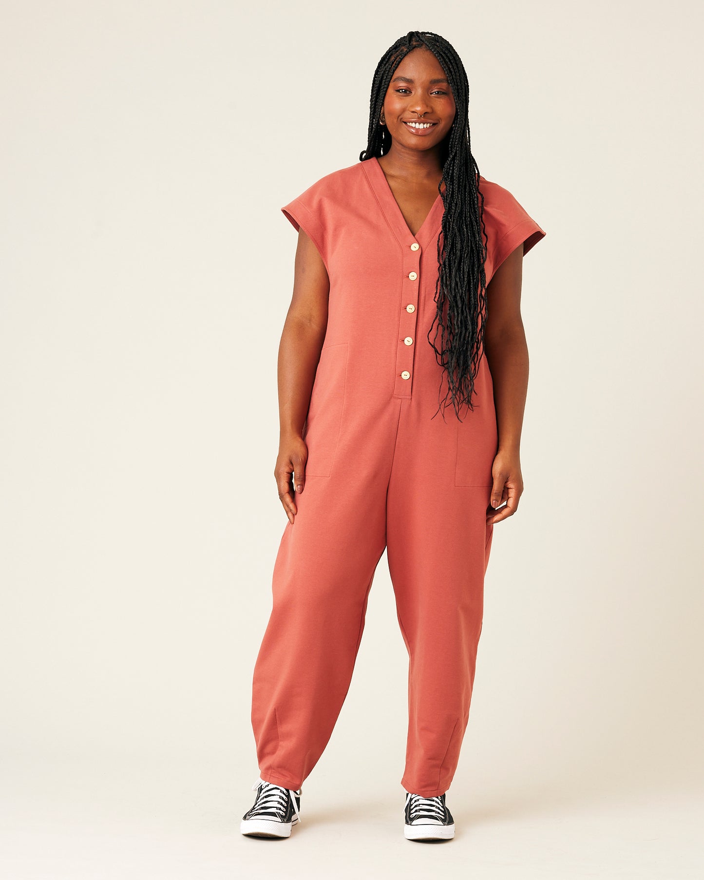 model wears brick jersey frankie jumpsuit