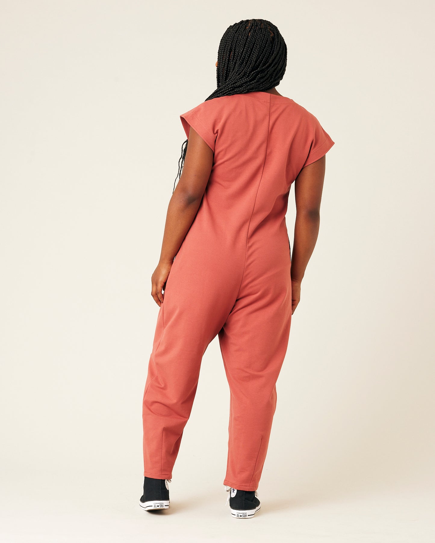 model wears brick jersey frankie jumpsuit