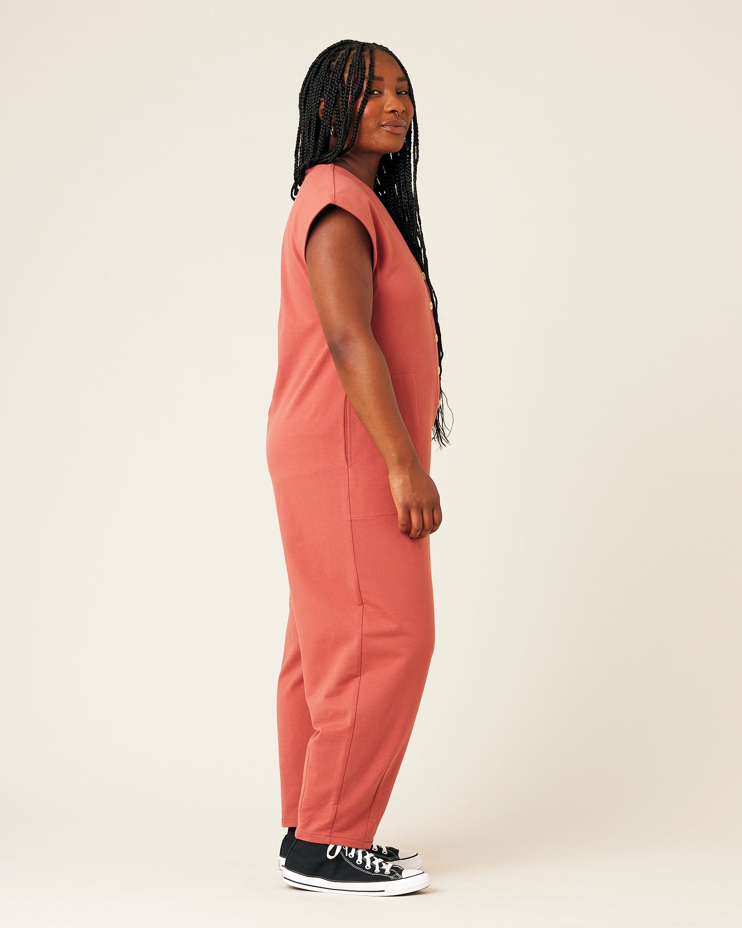 model wears brick jersey frankie jumpsuit