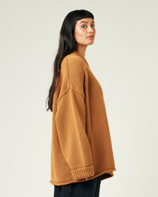 model wears camel knitted avery jumper