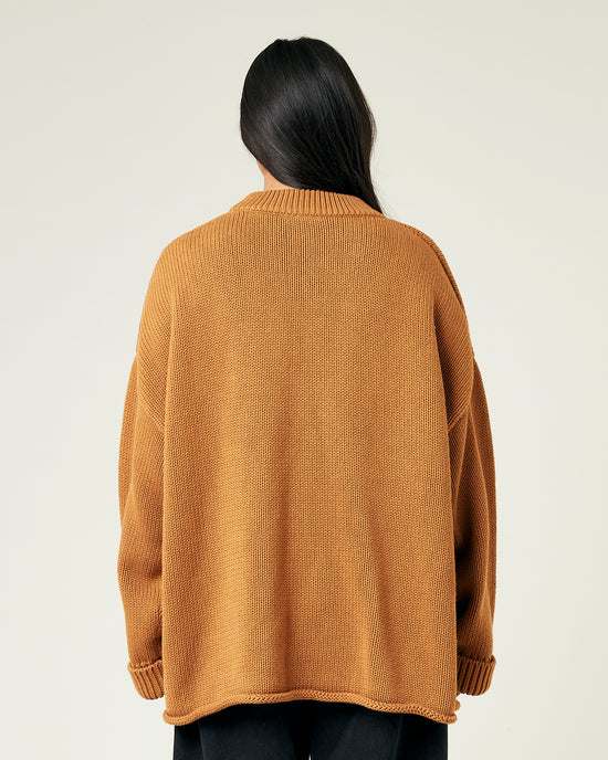 model wears camel knitted avery jumper