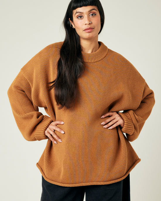 model wears camel knitted avery jumper