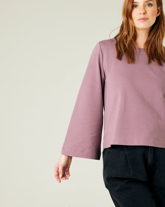 pregnant model wears dusty mauve jersey  wren top