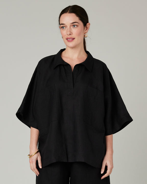 model wears black linen cara shirt 
