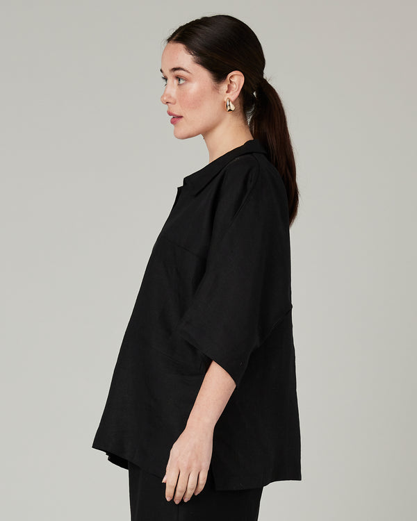 model wears black linen cara shirt 