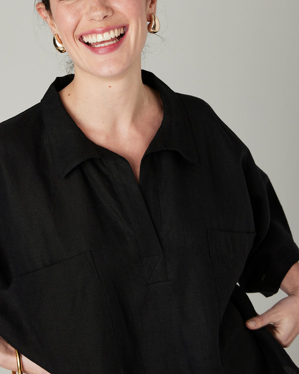 model wears black linen cara shirt 