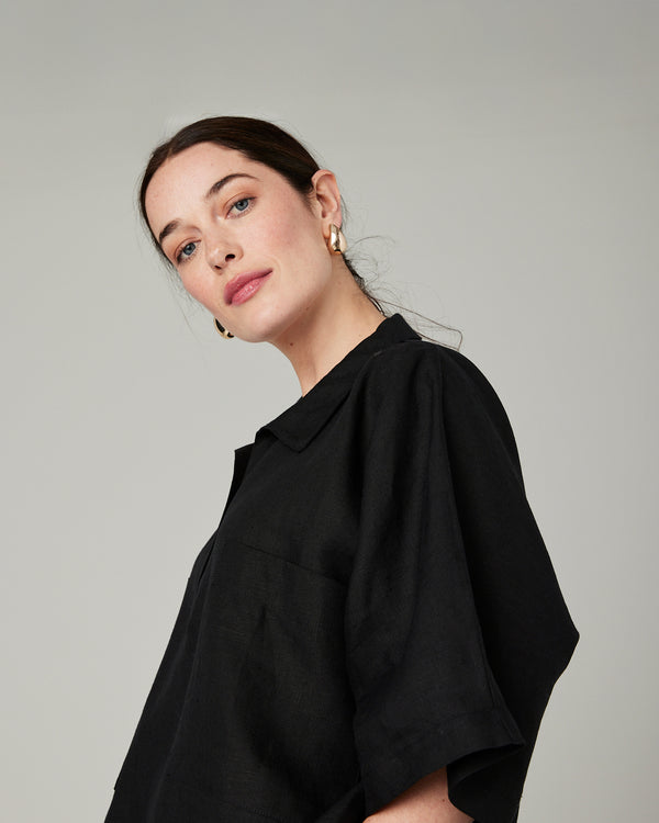 model wears black linen cara shirt 