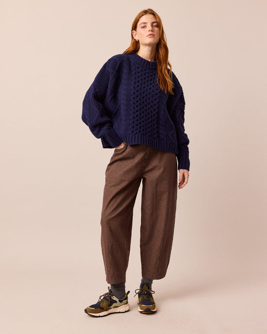 model wears carly navy knitted jumper