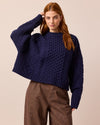 model wears carly navy knitted jumper