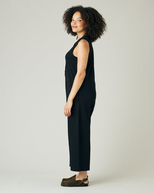 model wears black jersey cassie jumpsuit