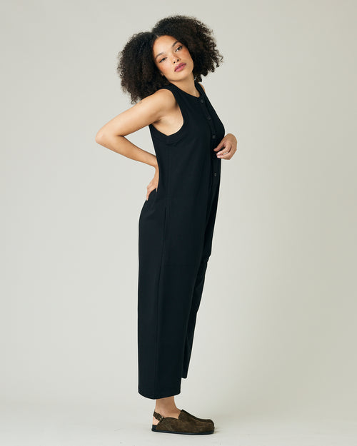 model wears black jersey cassie jumpsuit