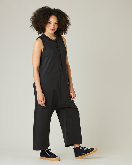 model wears slate jersey cassie jumpsuit