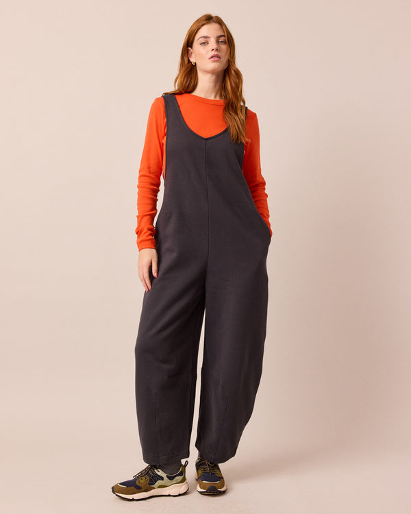 model wears clover slate jersey jumpsuit