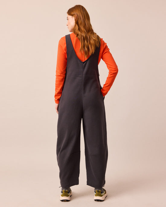 model wears clover slate jersey jumpsuit