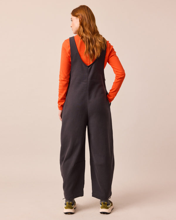 model wears clover slate jersey jumpsuit