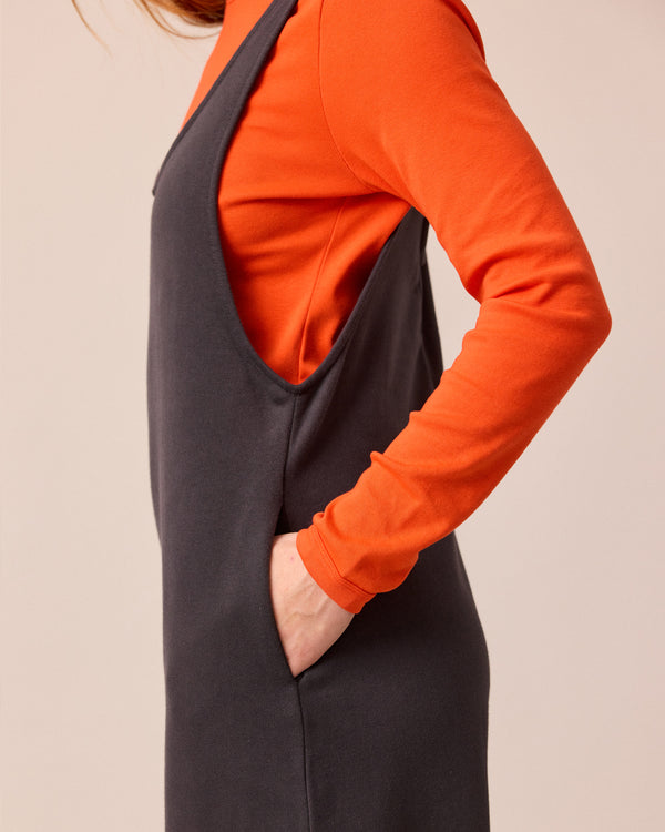 model wears clover slate jersey jumpsuit