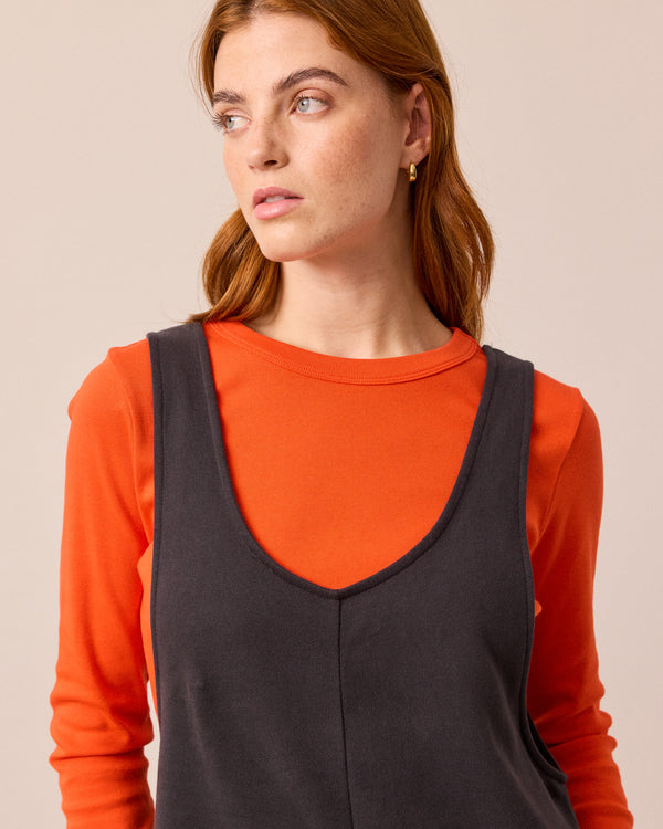 model wears clover slate jersey jumpsuit