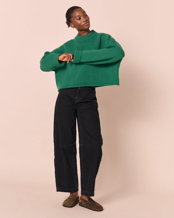 model wears coco emerald knitted jumper
