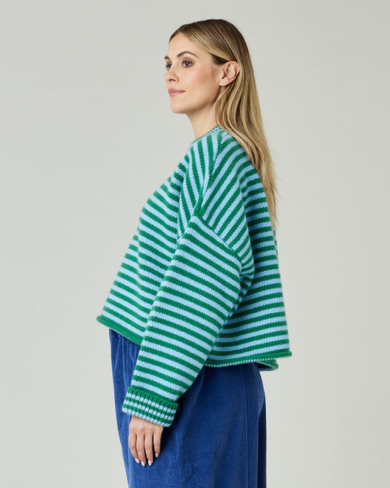 pregnant model wears blue and green stripe coco