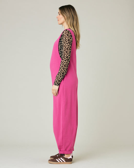 pregnant model wears cactus pink jersey clover jumpsuit