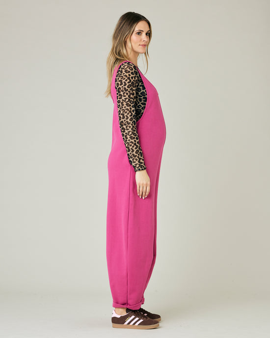 pregnant model wears cactus pink jersey clover jumpsuit