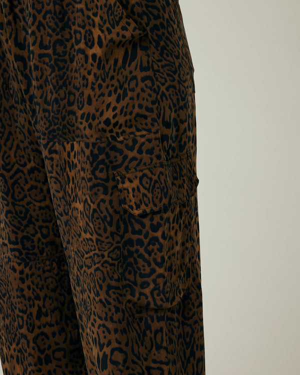 pregnant model wears dark leopard cupro sylvie trousers