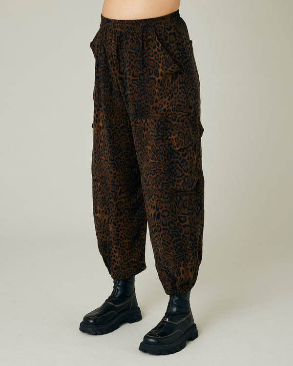 pregnant model wears dark leopard cupro sylvie trousers 