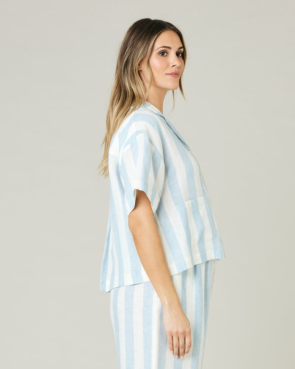 pregnant model wears sky blue stripe ultimate pj top