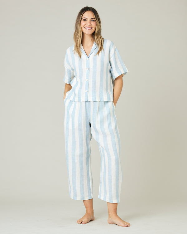 pregnant model wears sky blue stripe ultimate pj top