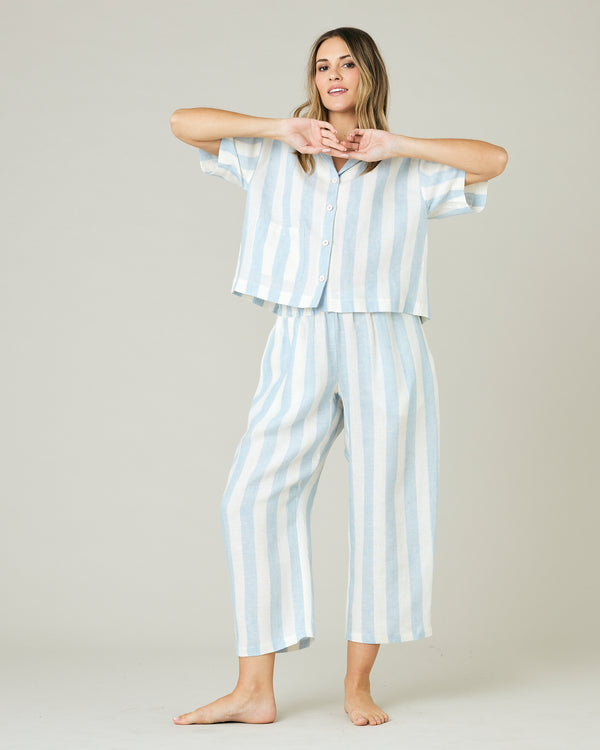 pregnant model wears sky blue stripe ultimate pj top