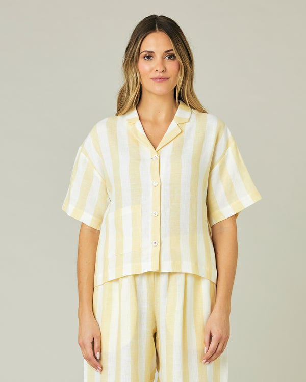 pregnant model wears lemon stripe ultimate pj