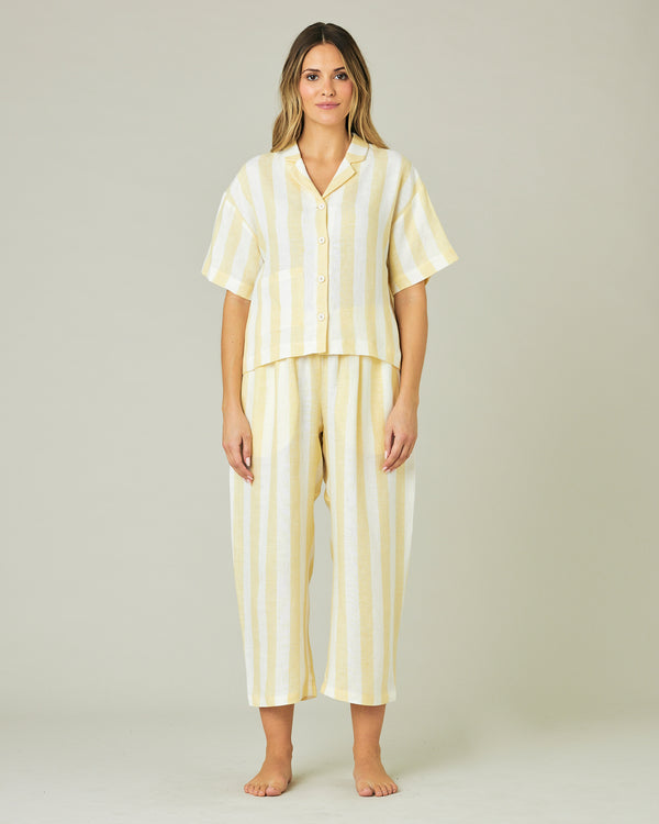 pregnant model wears lemon stripe ultimate pj