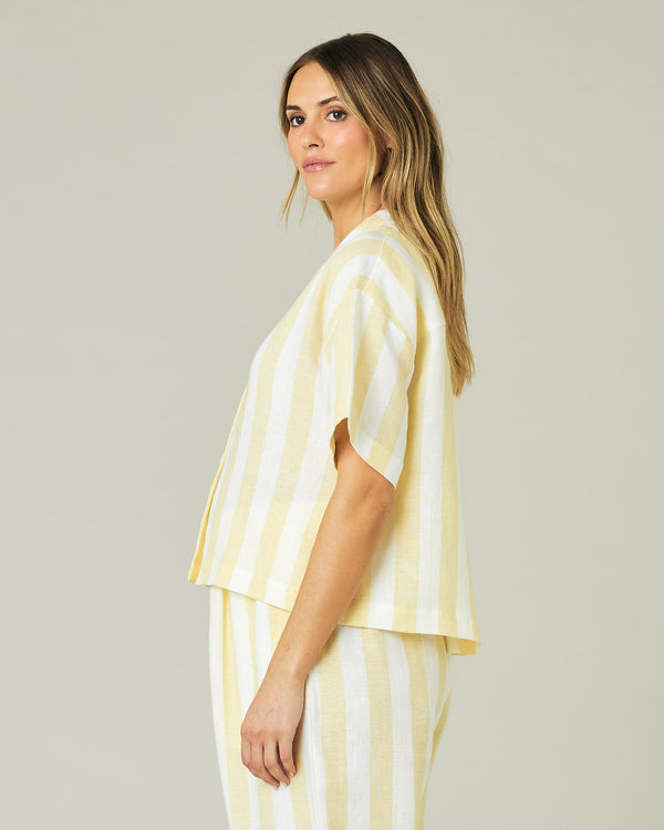 pregnant model wears lemon stripe ultimate pj