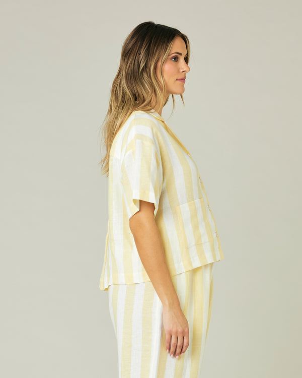 pregnant model wears lemon stripe ultimate pj
