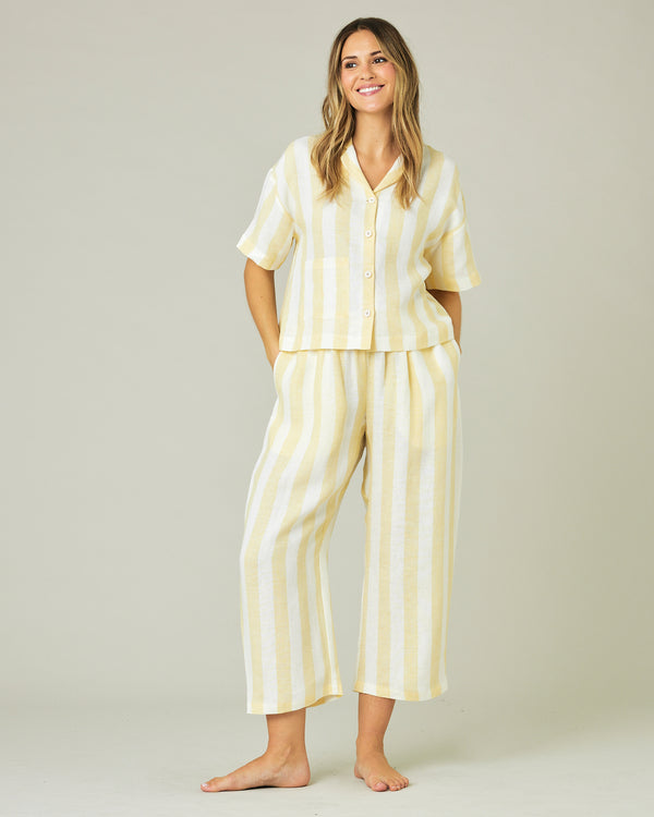 pregnant model wears lemon stripe ultimate pj