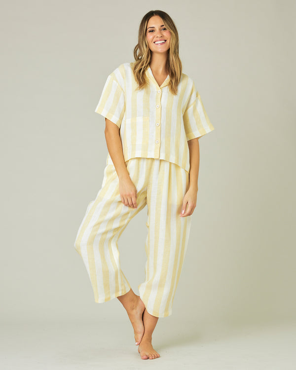 pregnant model wears lemon stripe ultimate pj