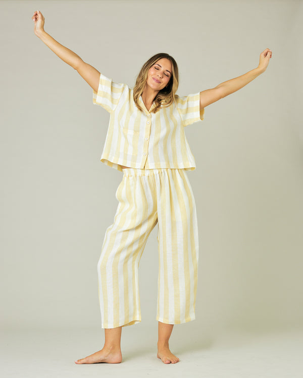 pregnant model wears lemon stripe ultimate pj