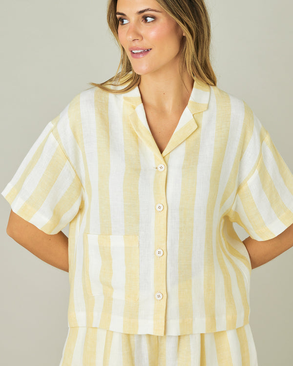 pregnant model wears lemon stripe ultimate pj