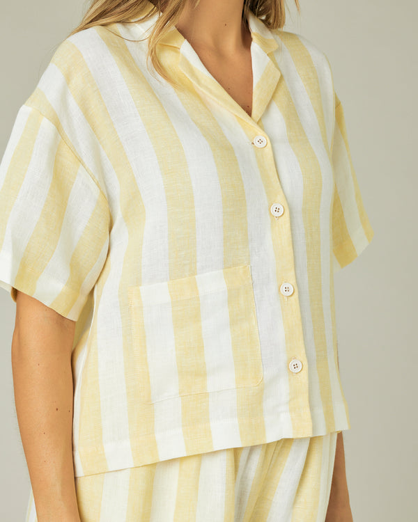 pregnant model wears lemon stripe ultimate pj