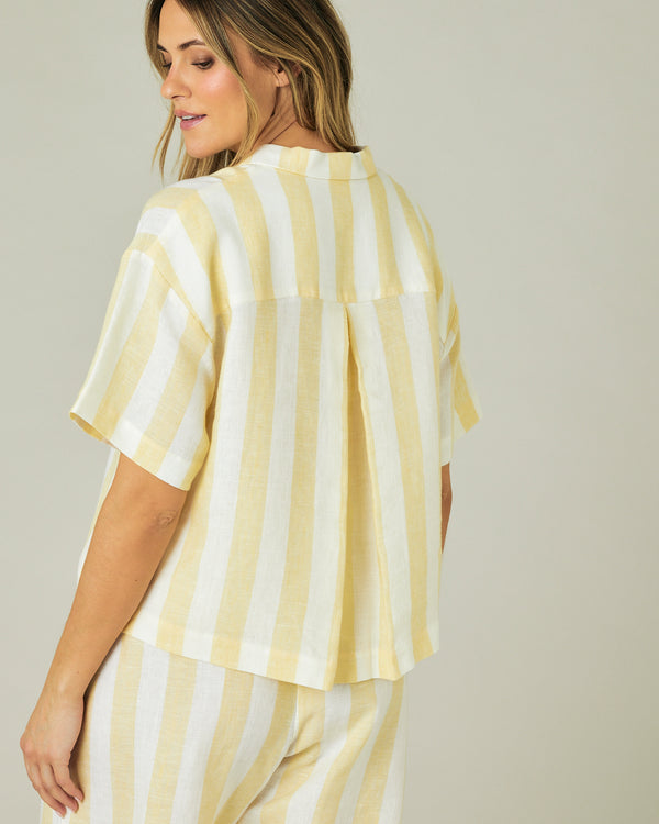 pregnant model wears lemon stripe ultimate pj