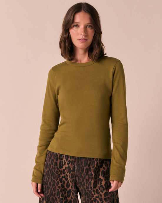model wears lila olive jersey top