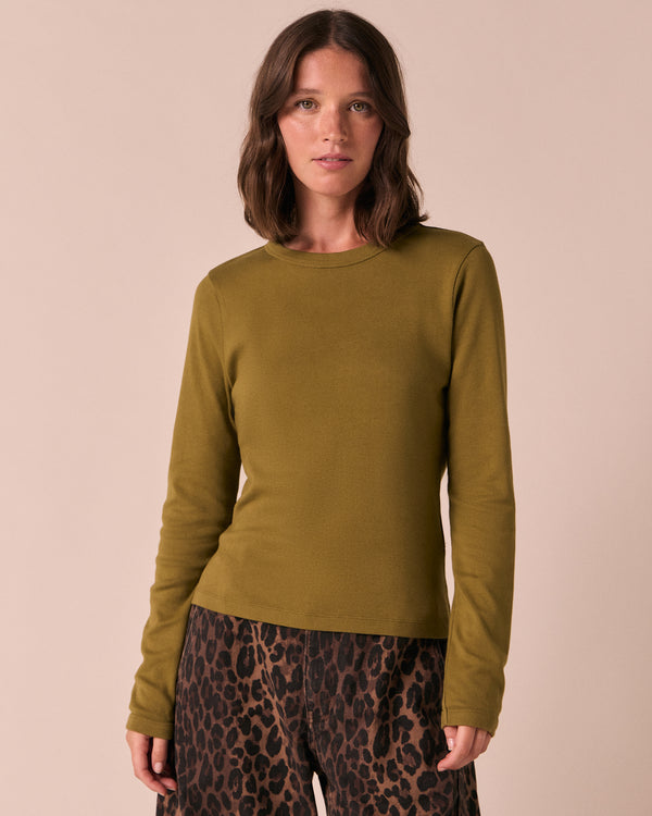 model wears lila olive jersey top