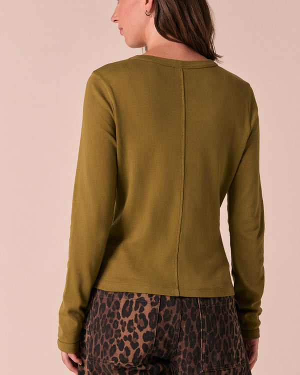 model wears lila olive jersey top