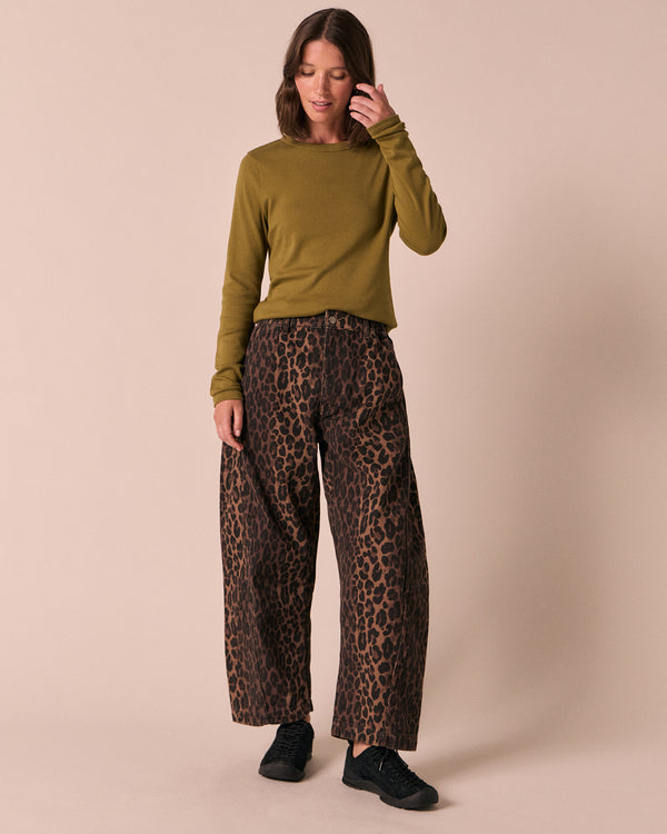 model wears lila olive jersey top