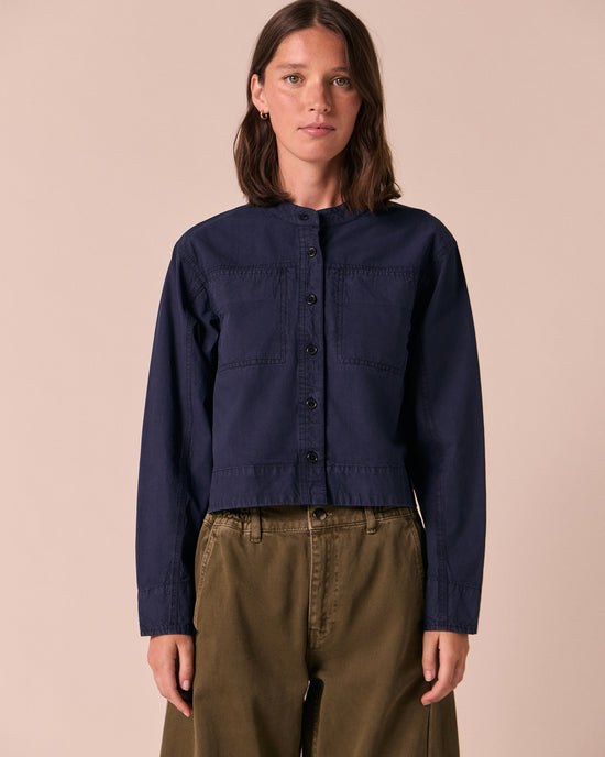 model wears mattia ink cotton pioplin top